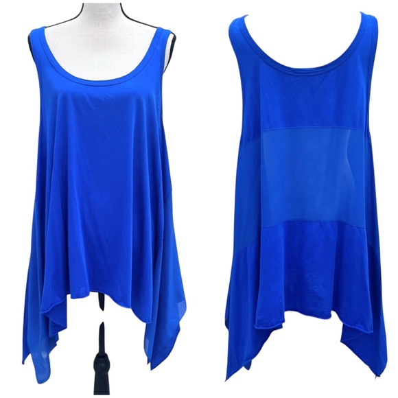 DKNY SLEEVELESS ROYAL BLUE TUNIC COTTON W SILK PANEL TRAPEZE  SHARKBITE HEM - Picture 1 of 15